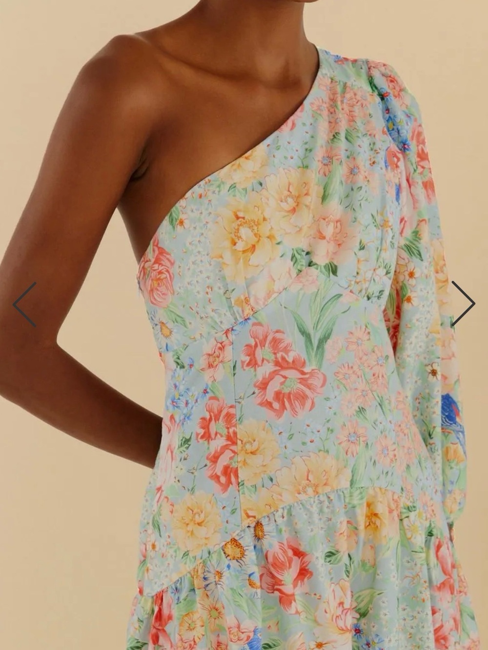FARM Rio One-Shoulder Floral Midi Dress in Pastel Blue and Coral